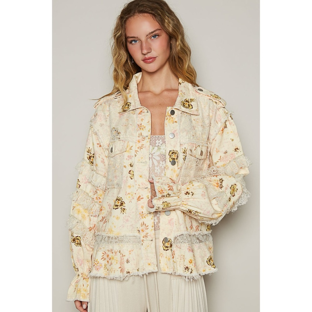 POL Cream Floral Twill and Lace Patchwork Jacket | Button Front - Picture 6 of 9